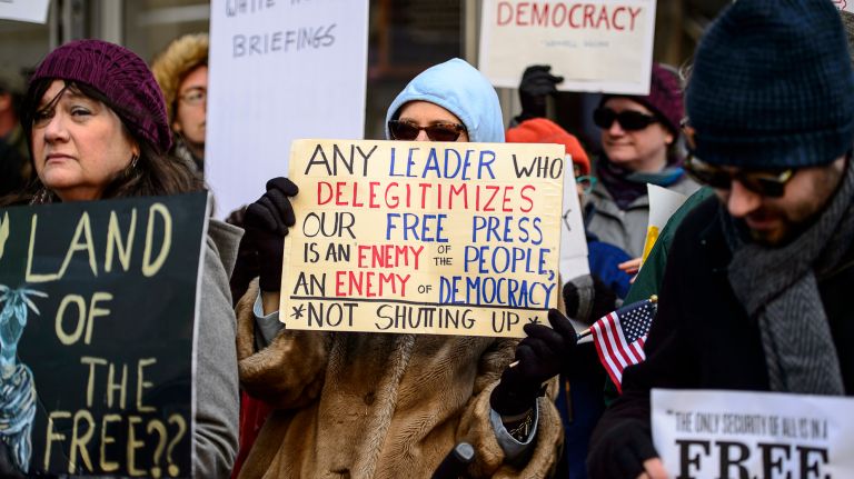 Protesters gather outside the New York Times building in midtown Manhattan for the March for a Free Press on Feb. 26, 2017.