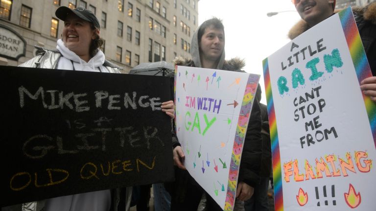 LGBT rally at Trump Tower: Photos of the midtown Manhattan protest 21 Members of the LGBT community and their allies march along 59th Street in Manhattan on Sunday, Feb. 12, 2017. A leaked draft of an executive order on religious exemptions and the nomination of Judge Neil Gorsuch to the U.S. Supreme Court has members of the lesbian, gay, bisexual and transgender community concerned that gains made during the Obama administration will be rolled back by President Donald Trump.