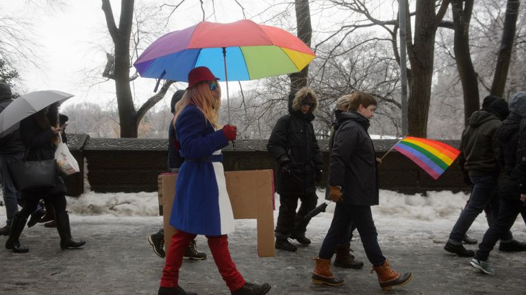 LGBT rally at Trump Tower: Photos of the midtown Manhattan protest 25 Members of the LGBT community and their allies march along 59th Street in Manhattan on Sunday, Feb. 12, 2017. A leaked draft of an executive order on religious exemptions and the nomination of Judge Neil Gorsuch to the U.S. Supreme Court has the lesbian, gay, bisexual and transgender community concerned that gains made during the Obama administration will be rolled back by President Donald Trump.