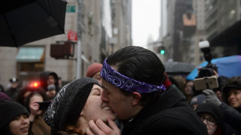 LGBT rally at Trump Tower: Photos of the midtown Manhattan protest 39 Members of the LGBT community and their allies kiss during a solidarity rally on Fifth Avenue near Trump Tower in Manhattan on Sunday, Feb. 12, 2017.