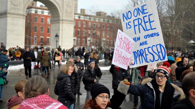 Thousands of people gather for a rally at Washington Square Park on Saturday, Feb. 11, 2017. The rally is being held to challenge the criminalization of immigrants under the NYPD's current Broken Windows policy, before it worsens under President Trump's far-right administration.