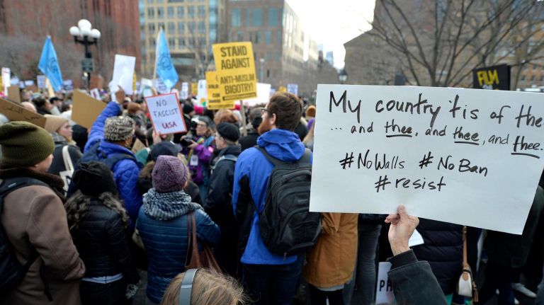 Thousands of people gather for a rally at Washington Square Park on Saturday, Feb. 11, 2017. The rally is being held to challenge the criminalization of immigrants under the NYPD's current Broken Windows policy.