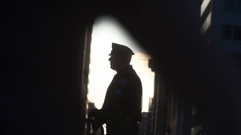 NYPD officers preparing for the funeral mass for NYPD Det. Steven McDonald at St. Patrick Cathedral in New York City, Friday Jan 13, 2017.