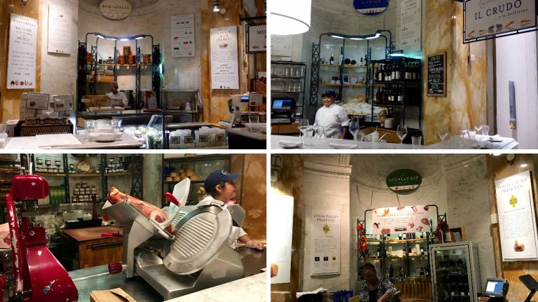 Eataly NYC: Flatiron vs. Downtown showdown 22 La Piazza, Flatiron's circular wine bar, has<i>everything</i>: a mozzarella bar, a spot to order crudo, a counter where you can order perfectly sliced cured meats and a little wine-tasting corner. In the middle are tons of skinny bar tables where you can pull up a stool or stand while you enjoy some wine and cheese -- a perfect place to wait for your name to be called for one of Eataly's restaurants, since, let's be honest, there's pretty much always a wait. But that wait is so much better when you have fresh mozzarella and a glass (or a bottle) of wine.