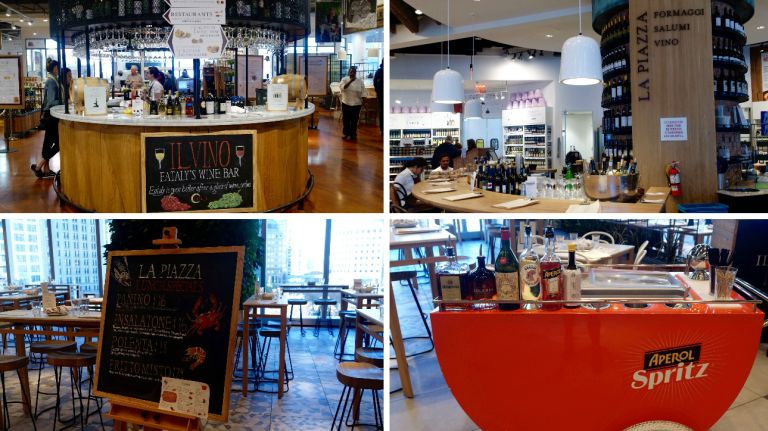 Eataly NYC: Flatiron vs. Downtown showdown 23 </p>The circular and central layout of Flatiron's La Piazza makes an entrance, but the La Piazza at Downtown sneaks up on you. It's actually the second wine bar you'll encounter -- the first is Il Vino, which greets you at the door and offers up a handful of bar tables for sipping wine and grabbing the staggering array of quick eats that make up the front section of this Eataly location (more on that later). If it were the only answer to Flatiron, it'd pale in comparison, but it's just the beginning. Make your way to the section of Downtown that's home to its restaurants, and you'll find its very own version of La Piazza. There's cheese and meat (without the little nooks dedicated to them), as well as a sprawling, airy seating area decorated with greenery and brightly lit by massive windows. Bonus: there's an Aperol spritz cart.</p> <p> <p><b>Advantage:</b> Eataly Downtown