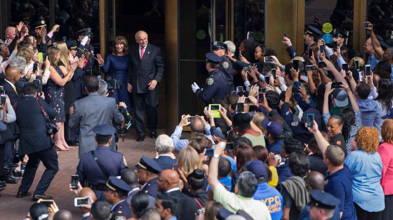Former NYPD Commissioner William Bratton leaves One Police Plaza in Manhattan with his wife Rikki Klieman, Friday, Sept. 16, 2016, signaling his official retirement from the department.