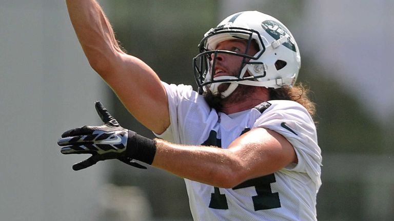 Zach Sudfeld #44, Tight End, makes a one-handed catch during the first day of New York Jets team training camp at Atlantic Health Jets Training Center in Florham Park, NJ on Thursday, July 28, 2016.