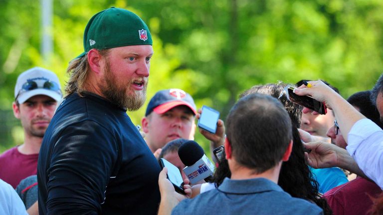 New York Jets center Nick Mangold speaks with the media at Atlantic Health Jets Training Center in Florham Park, New Jersey on Wednesday, July 27, 2016. New York Jets Training Camp.