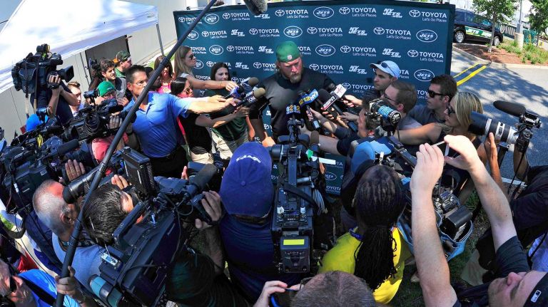 <p>New York Jets center Nick Mangold speaks with the media at the Atlantic Health Jets Training Center in Florham Park, N.J. on Wednesday, July 27, 2016, as players reported for the first day of training camp.</p>
