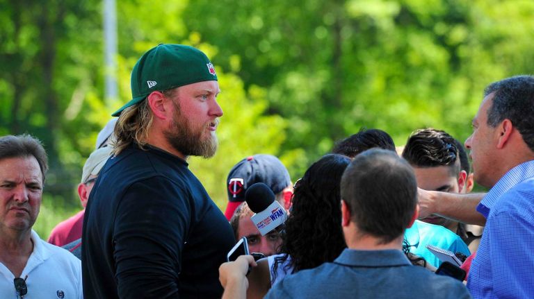 New York Jets center Nick Mangold speaks with the media at Atlantic Health Jets Training Center in Florham Park, New Jersey on Wednesday, July 27, 2016. New York Jets Training Camp.