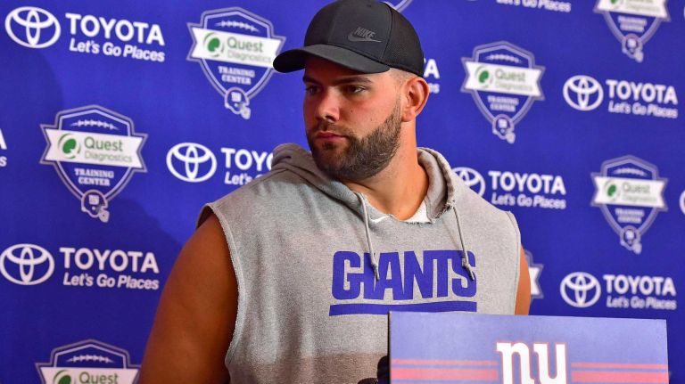 New York Giants offensive guard Justin Pugh speaks with the media at Quest Diagnostics Training Center in East Rutherford, New Jersey on Thursday, July 28, 2016. New York Giants Training Camp.