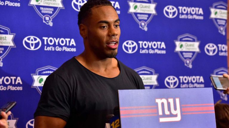 New York Giants running back Rashad Jennings speaks with the media at Quest Diagnostics Training Center in East Rutherford, New Jersey on Thursday, July 28, 2016. New York Giants Training Camp.