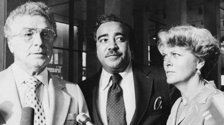 U.S. Reps. Mario Biaggi, Charles Rangel, and Geraldine Ferraro address reporters outside of the Democratic National Convention at Madison Square Garden regarding convention rules on Aug 4, 1980.