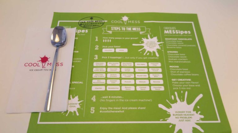 You pick your base first. The choices are either vanilla or chocolate, and both are from Brooklyn's Blue Marble Ice Cream. Next, you pick your toppings. Or, if you want to go with what the experts suggest, there are a few combinations listed. 