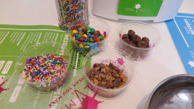 Three toppings are included in the $30 flat rate. We went for rainbow sprinkles, Heath Bar crunch, brownie bites and mini peanut butter cups. 