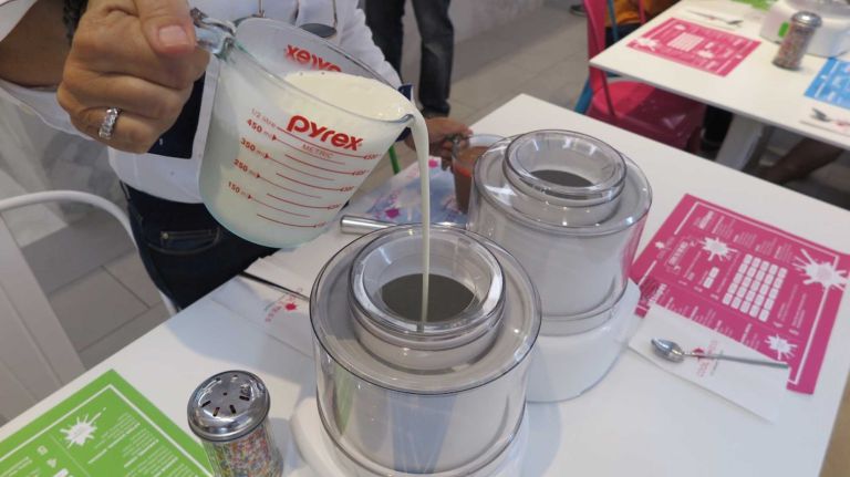 After adding the base, the machine whirs and cools, turning the liquid into ice cream with a consistency not unlike soft serve. 