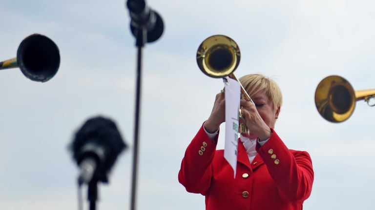 Buglers perform at Belmont Park in Elmont on June 11, 2016, before the 148th running of the Belmont Stakes.