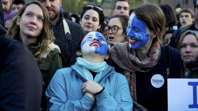 Bernie Sanders' Washington Square Park rally: See pictures 7 Natalia Plaza of Brooklyn, left, and Suzanne Tufan, of Jersey City, listen to music as they wait for Democratic presidential candidate Bernie Sanders to speak at a rally in Washington Square Park Wednesday, April 13, 2016.