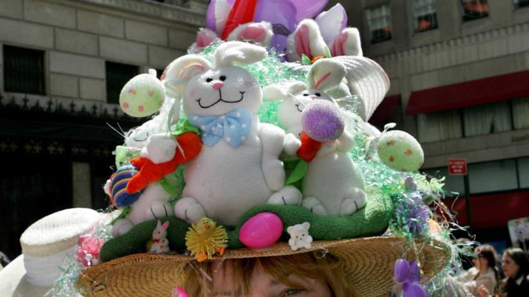 Bridget Walsh of East Islip shows off her bunny bonnet in the Easter Parade on Fifth Avenue in Manhattan, April 16, 2006. (Newsday Photo/Julia Gaines)