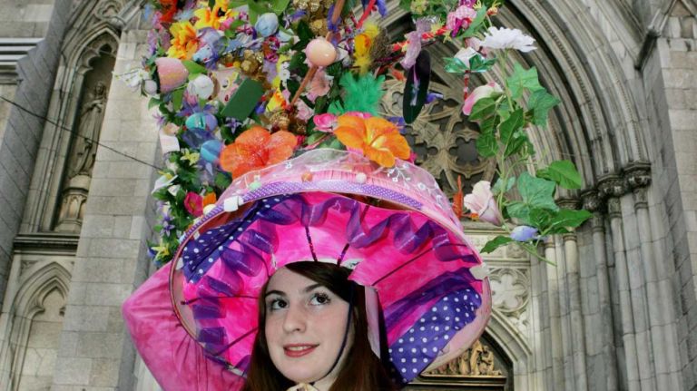 Jocelyne Jeannot of Manhattan stands in front of St. Patrick's Cathedral on Fifth Avenue and shows off her Easter bonnet during the Easter Parade on April 16, 2006.