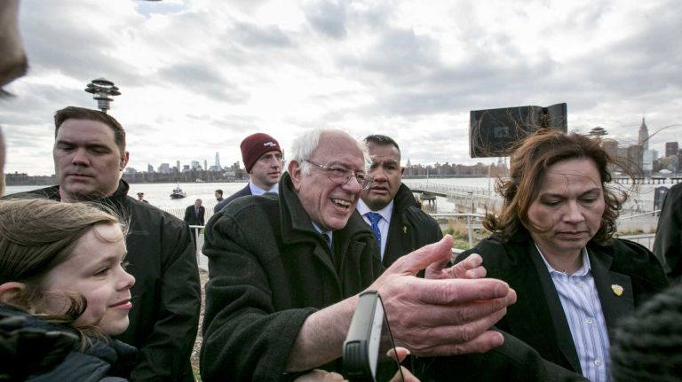 Bernie Sanders shakes hands with supporters after a rally in WNYC Transmitter Park in Greenpoint, Brooklyn, on April 8, 2016.