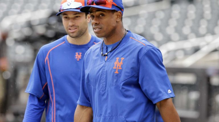 New York Mets rightfielder Curtis Granderson, No. 3, looks on during batting practice before the Mets' home opener against the Philadelphia Phillies on Friday, April 8, 2016, at Citi Field.