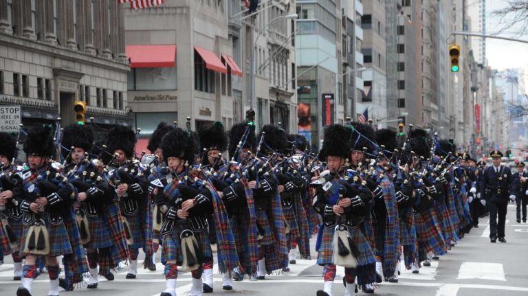 Members of the Nassau County Police Emerald Society marching in the St. Patrick's Day parade in Manhattan on March 17, 2016.