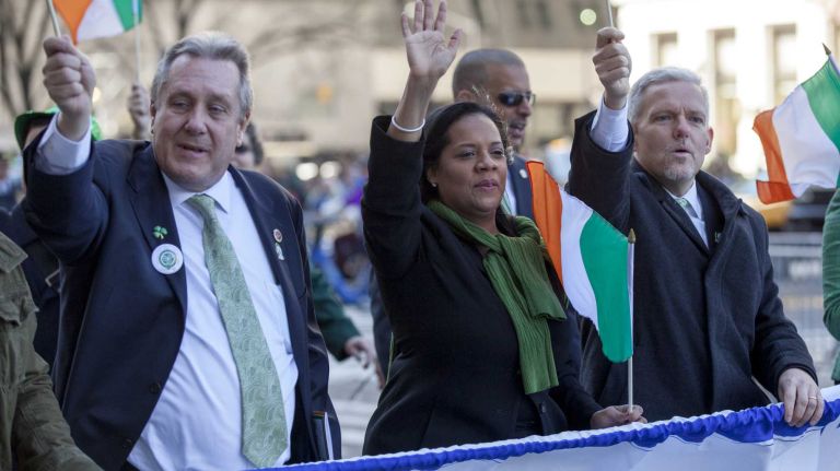 Openly gay City Council members Daniel Dromm, left, and James Van Bramer, right, march up Fifth Avenue during the St. Patrick's Day Parade in Manhattan on March 17, 2016.
