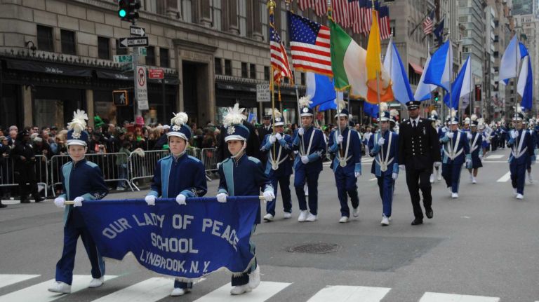Our Lady of Peace school marching band of Lynbrook plays along the parade route at the New York City St. Patrick's Day Parade on March 17, 2016.