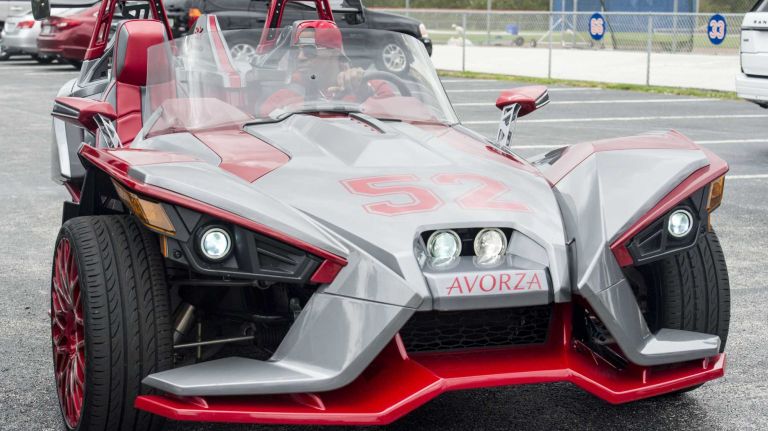 Yoenis Cespedes drove his customized Polaris Slingshot to Mets training camp on Tuesday, Feb. 23, 2016 in Port St. Lucie, Fla.
