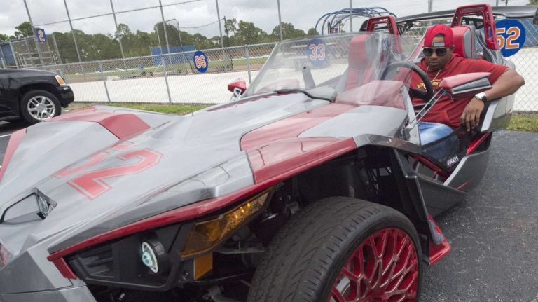 Yoenis Cespedes drove his customized Polaris Slingshot to Mets training camp on Tuesday, Feb. 23, 2016 in Port St. Lucie, Fla.