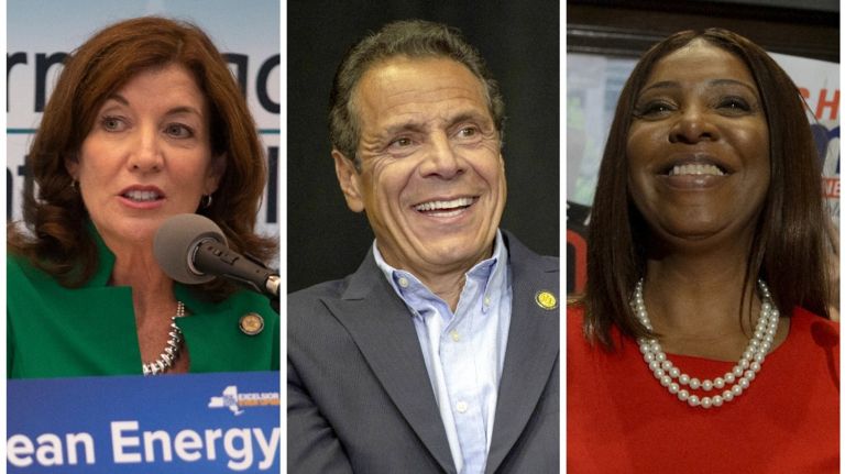 Gov. Andrew Cuomo, center, Lt. Gov. Kathy Hochul, left, and candidate for attorney general Letitia James, right, won each of their primaries Thursday.
