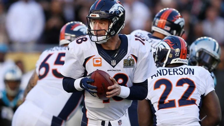 Super Bowl 50: Panthers vs. Broncos 14 Peyton Manning of the Denver Broncos looks to hand the ball off in the first quarter against the Carolina Panthers during Super Bowl 50 at Levi's Stadium on February 7, 2016 in Santa Clara, Calif.