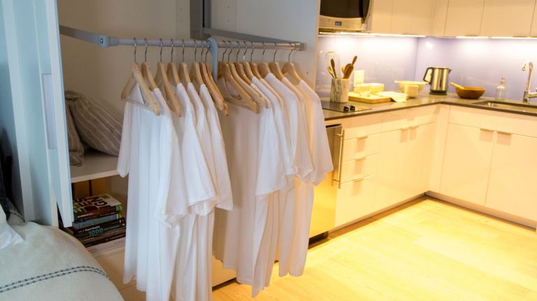 A model unit of nARCHITECTS' Carmel Place is decorated with Resource Furniture, on Jan. 5, 2015. The fully furnished unit enables the living area to convert to a bedroom with a pull on closet. Carmel Place, which is currently in construction, is the first building to have micro-unit apartments in New York City, and will be one of the first multi-unit Manhattan buildings to be using modular construction.