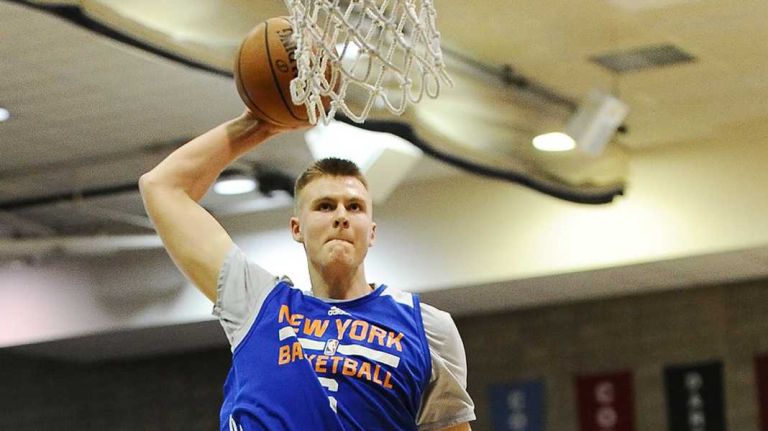 The Knicks' Kristaps Porzingis dunks during the Knicks Tip-Off Scrimmage on Sunday, Oct. 25, 2015 at Columbia University.
