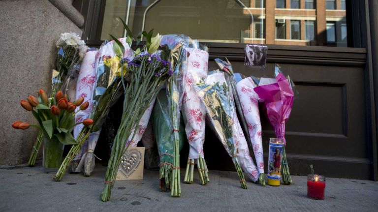 A growing memorial outside of David Bowie's apartment building in lower Manhattan on Jan. 11, 2016.