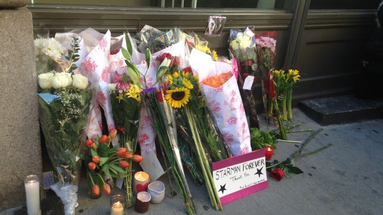 Flowers and tributes outside of David Bowie's New York City apartment following his death on Jan. 10, 2016.
