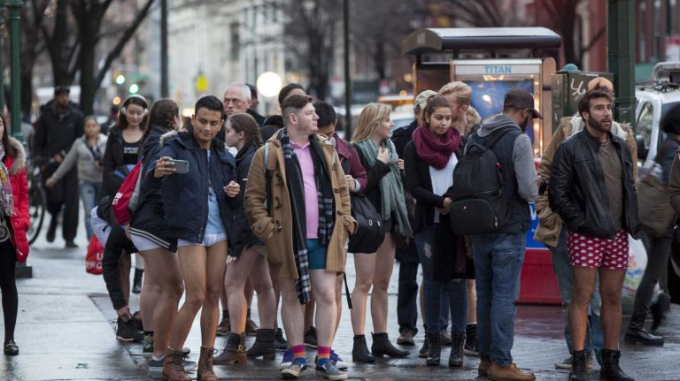 Participants in the No Pants Subway Ride head to Union Square in Manhattan after riding the New York subway in their underwear on Jan. 10, 2016.