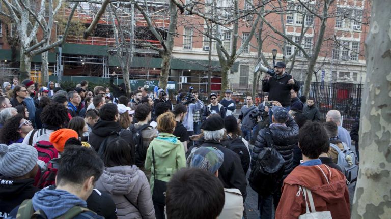 Participants assemble at Sara D. Roosevelt Park in Manhattan to receive instructions for the No Pants Subway Ride on Jan. 10, 2016.