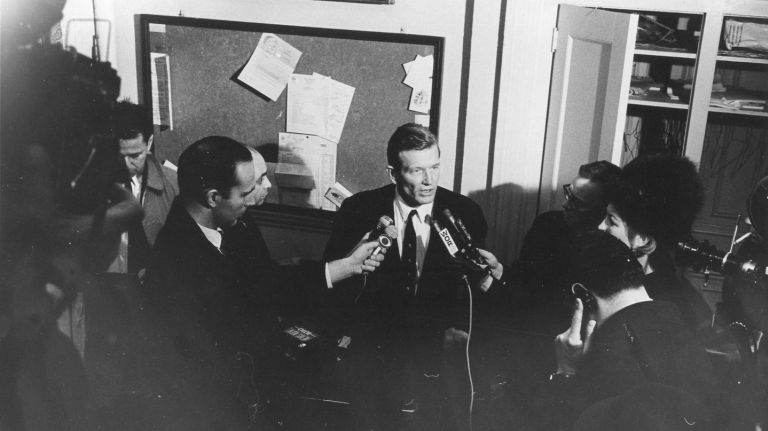 Mayor John Lindsay talks to reporters on Jan. 2, 1966, about the transit strike that had immobilized the city. 