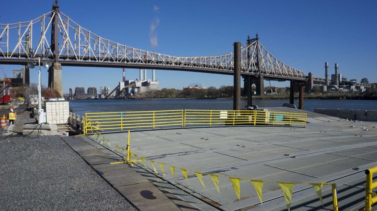 A floating ramp is seen south of the Ed Koch Bridge on Roosevelt Island (East Side), Tuesday, Nov. 17, 2105, a key component of the Cornell Tech construction project, where trucks arriving to the site by barge greatly reduce truck traffic on the island. Development of the first phase of the campus is currently underway and due to open in 2017. A tour of the project included views of steel and other materials rising for each building as part of phase one, The Bloomberg Center, named in honor of Emma and Georgina Bloomberg, The Bridge, where companies will locate on campus, and a residential building for faculty, staff and students, which will be the first Passive House residential high-rise in the world.