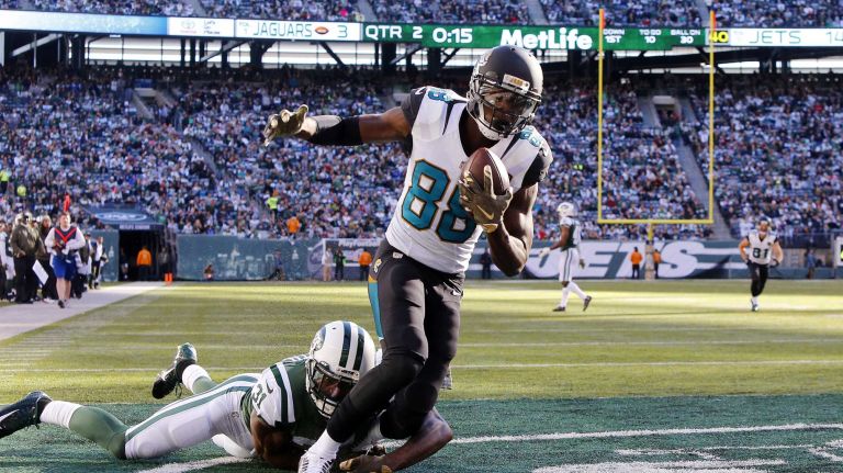 Allen Hurns of the Jacksonville Jaguars hauls in a second-quarter touchdown against Antonio Cromartie #31 of the New York Jets at MetLife Stadium on Sunday, Nov. 8, 2015 in East Rutherford, N.J.