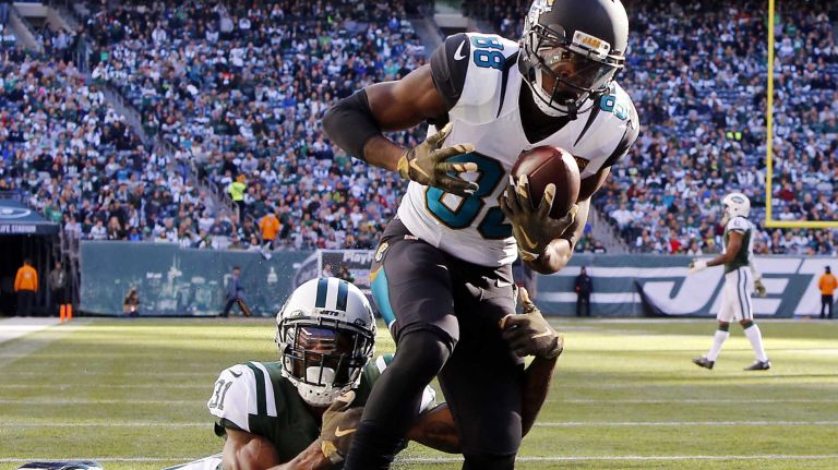 Allen Hurns #88 of the Jacksonville Jaguars hauls in a second-quarter touchdown against Antonio Cromartie #31 of the New York Jets at MetLife Stadium on Sunday, Nov. 8, 2015 in East Rutherford, N.J.