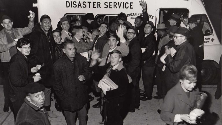 A Red Cross wagon offers coffee to stranded passengers at the LIRR station in Jamaica, Queens, during the blackout on Nov. 9, 1965.