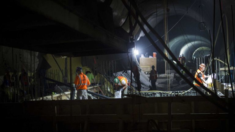 A crew works on the Long Island Rail Road's East Side Access project on Nov. 4, 2015, in New York City. The project is one of the largest transportation infrastructure projects currently underway in the United States. It includes over 11 miles of tunneling and consists of work in multiple locations in Manhattan, Queens and the Bronx. East Side Access is being designed to serve about 162,000 customers per day and provide a quicker and easier commute from Long Island and Queens to the East Side of Manhattan.