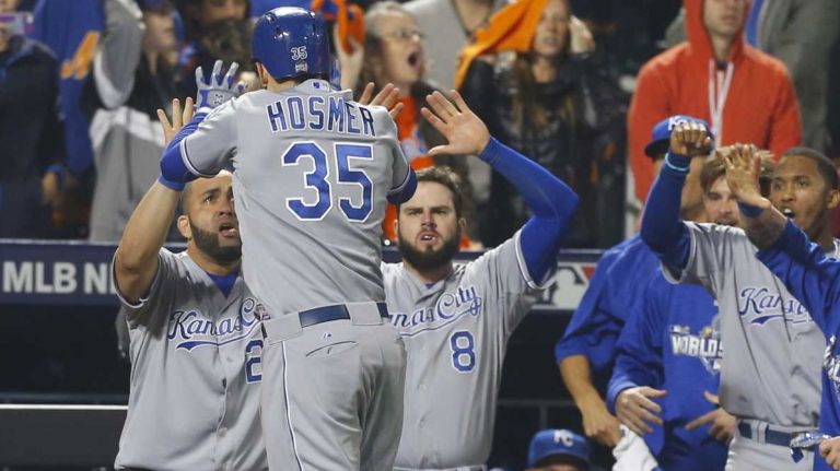 World Series Game 5: Mets vs. Royals 127 Kansas City Royals first baseman Eric Hosmer (35) celebrates in the ninth inning after he scores the tying run during Game 5 of the World Series against the New York Mets at Citi Field on Sunday, Nov. 1, 2015.