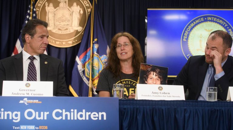 School zone speed cameras executive order signed by Gov. Cuomo 1 Gov. Andrew M. Cuomo, Families for Safe Streets founder Amy Cohen and City Council Speaker Corey Johnson on Aug. 27 at the signing of an executive order on the school zone speed camera program.