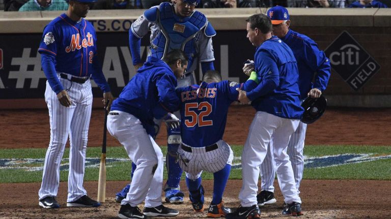 World Series Game 5: Mets vs. Royals 140 New York Mets centerfielder Yoenis Cespedes is helped up off the ground during the sixth inning of Game 5 of the World Series against the Kansas City Royals at Citi Field on Sunday, Nov. 1, 2015.