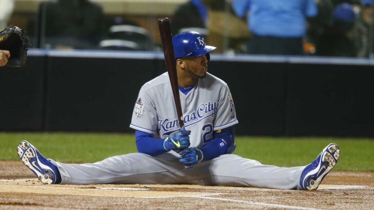 Kansas City Royals shortstop Alcides Escobar (2) is brushed back on a pitch by New York Mets starting pitcher Noah Syndergaard (34) in the first inning during Game 3 of the World Series against the New York Mets at Citi Field on Friday, Oct. 30, 2015.