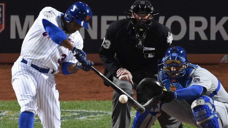New York Mets rightfielder Curtis Granderson singles in the first inning during Game 3 of the World Series against the Kansas City Royals at Citi Field on Friday, Oct. 30, 2015.